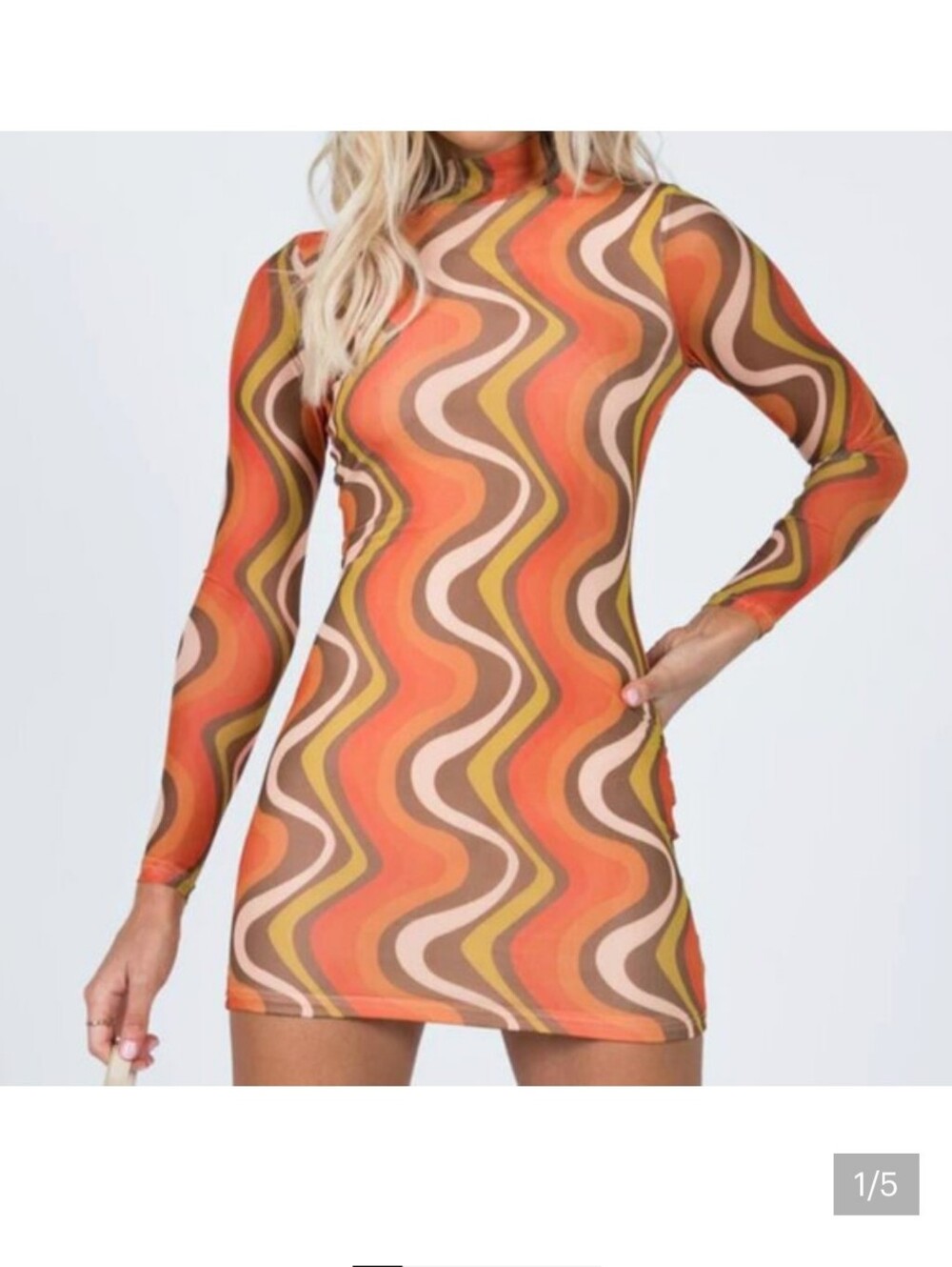 Princess Polly Retro Wave Long Sleeve Mesh Mini Dress in Orange Multi
